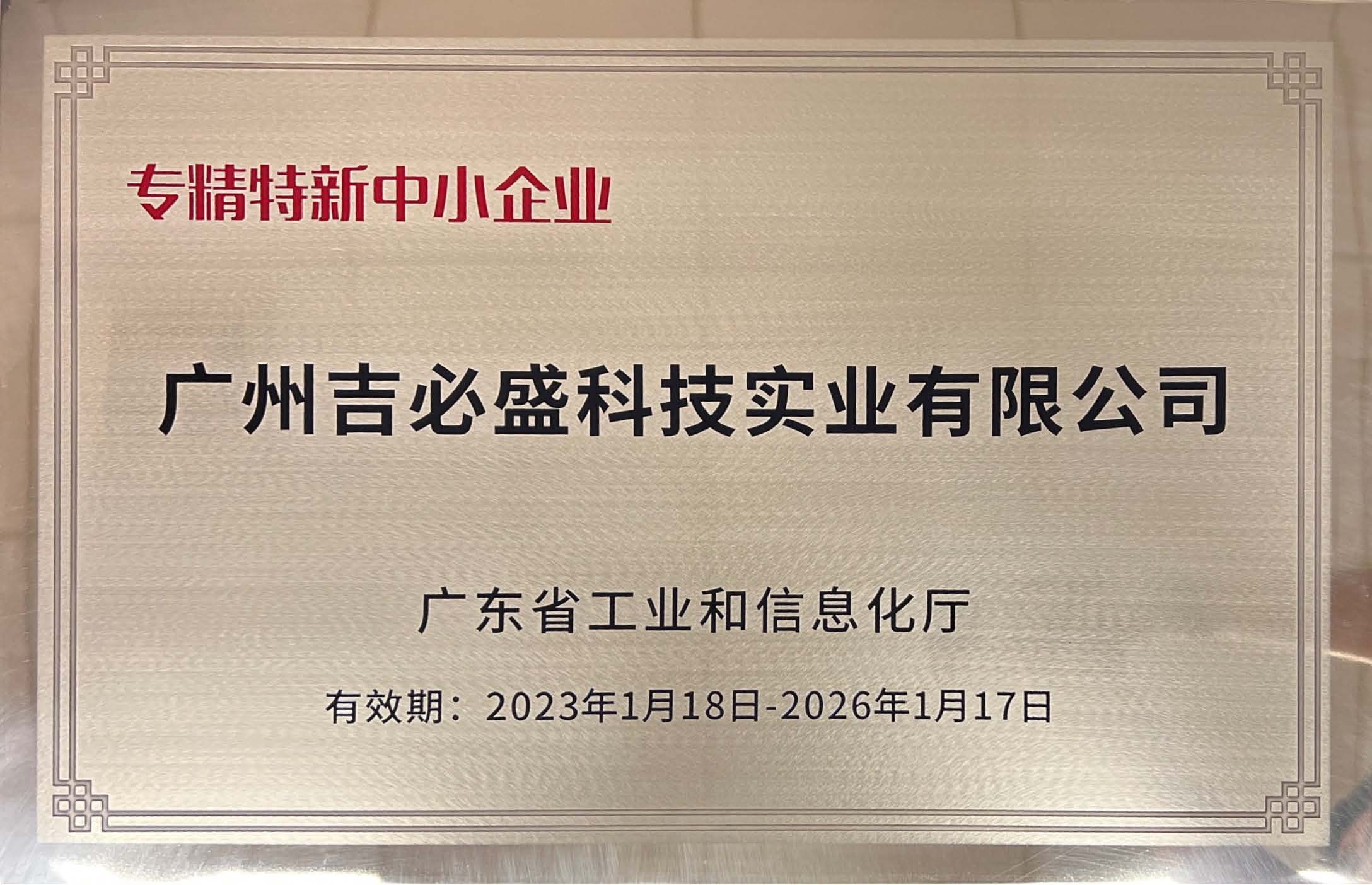 广东省专精特新企业证书